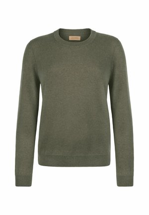 Oliwkowy sweter z długimi rękawami, okrągłym dekoltem i ściągaczami przy mankietach. Wykonany z miękkiego materiału o gładkiej fakturze. Prosty design.