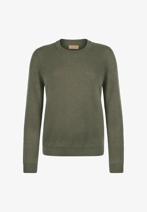 Olivgrön tröja med långa ärmar, rund halsringning och ribbade manschetter. Tillverkad av mjukt material med en slät yta. Enkelt design.