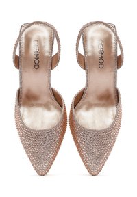 Rosenvergoldete High-Heel-Schuhe mit spitzer Zehenform, verziert mit Strasssteinen, offener Ferse und Knöchelriemen-Design.
