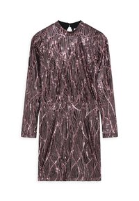 Paillettenbesetztes Kleid mit hohem Halsausschnitt, langen Ärmeln und taillierter Silhouette. Verfügt über ein Wellenmuster in dunkelpink und schwarzen Farbtönen.