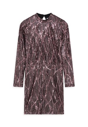 Vestido cubierto de lentejuelas con un cuello alto, mangas largas y una silueta ajustada. Presenta un patrón en forma de ola en tonos de rosa oscuro y negro.