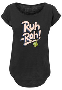 Black short-sleeve t-shirt featuring a colorful graphic with the text "Ruh-Roh!" in a playful font and a tag with "SD" in yellow.