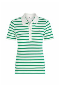 Zeleno-bílý pruhovaný polo triko s klasickým límcem, které má tři knoflíky a malé logo na hrudi. Materiál je bavlněný.