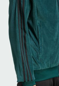 Manica di giacca in velluto teal con tre strisce nere, tasca laterale, polsino ai polsi e vita elastica visibile sul torso.