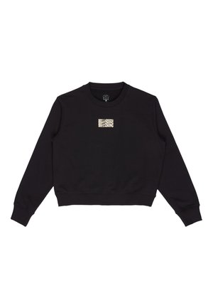 Felpa nera a maniche lunghe con collo rotondo, polsini a costine e piccolo logo "Billabong" beige ripetuto tre volte al centro del petto.