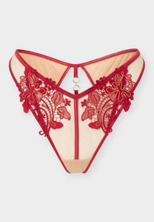 Gennemsigtig beige dame-tanga med rødt blomstret blonderbroderi og gyldne ring-accenter foran på linningen.