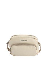 Borsa a tracolla in nylon beige con scomparti con zip, dettagli in pelle e un logo. Presenta una tracolla rimovibile per maggiore versatilità.