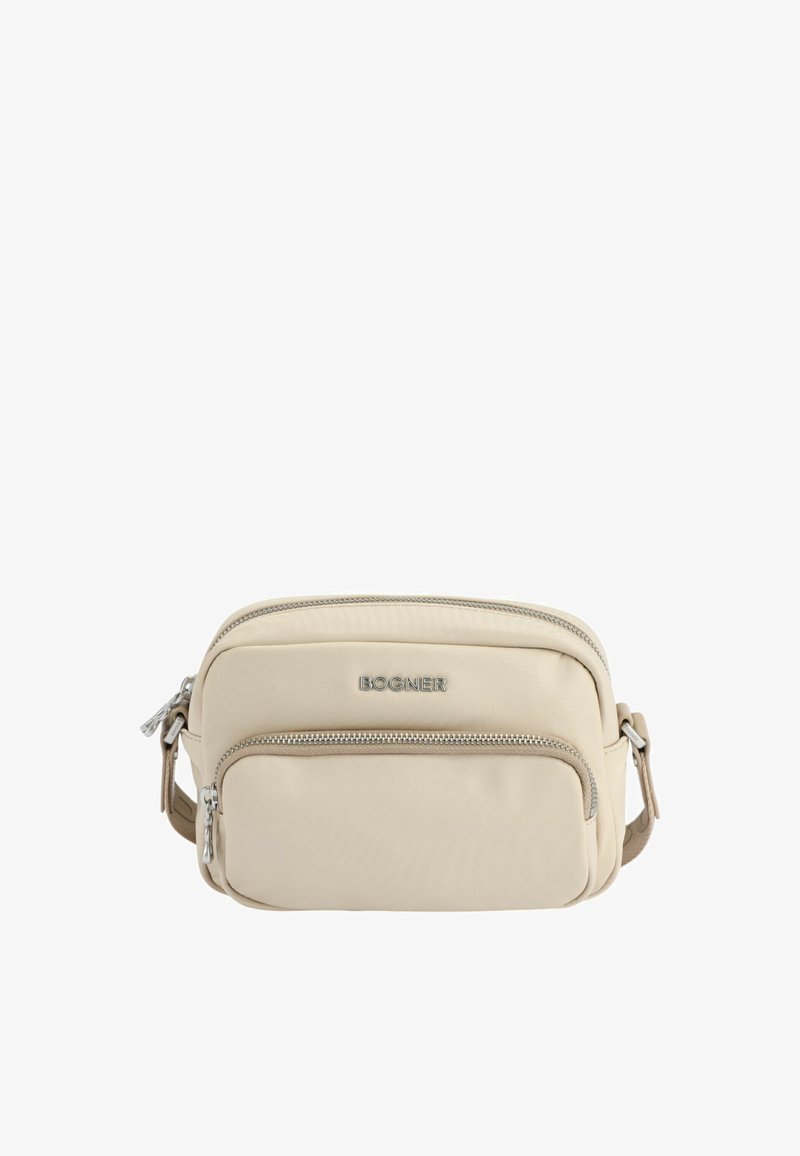 Borsa a tracolla in nylon beige con scomparti con zip, dettagli in pelle e un logo. Presenta una tracolla rimovibile per maggiore versatilità.