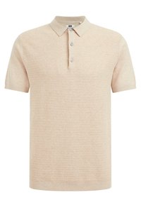 Beige kortärmad polo med ett strukturerat mönster, tre-knappslå och en klassisk krage. Mjukt material, avslappnad design.