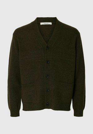 Cardigan verde scuro con scollo a V, sei bottoni neri, due tasche frontali e polsini e orlo a coste. Realizzato in un morbido materiale a maglia.