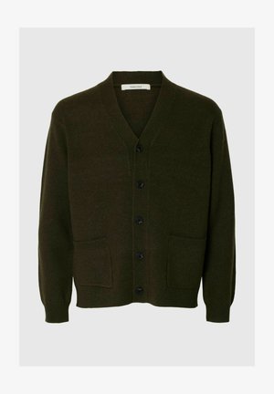 Cárdigan verde oscuro con escote en V, seis botones negros, dos bolsillos delanteros y puños y dobladillos acanalados. Fabricado en un material de punto suave.