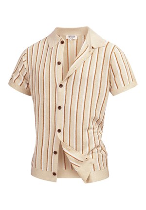 Camiseta de punto beige de manga corta con rayas verticales marrones y botones marrones, cuello y mangas con puños.