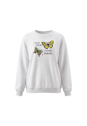 Hvid langærmet sweatshirt med to farverige sommerfugleillustrationer og teksten "Colorful Butterfly" trykt på forsiden.
