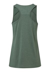 Débardeur dos nageur vert avec un panneau à motifs sur le haut du dos et un design sans manches, fabriqué en tissu léger.