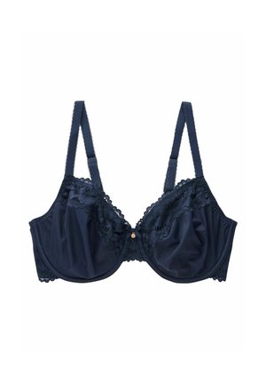 Donkerblauwe beha met kantaccenten, beugelsupport en verstelbare banden. Zacht materiaal met een gladde textuur en een klein decoratief strikje.