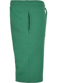 Shorts de survêtement en coton vert avec une taille à cordon de serrage, des poches latérales et une texture douce. Le tissu est lisse avec une couleur unie.