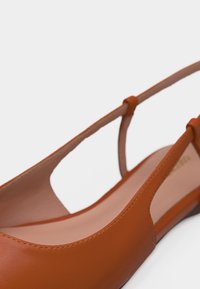 Καφέ δερμάτινο παπούτσι με λουράκι πίσω στη φτέρνα, φλατ, με μυτερή μύτη και λεπτό λουράκι στον αστράγαλο, σε λευκό φόντο.