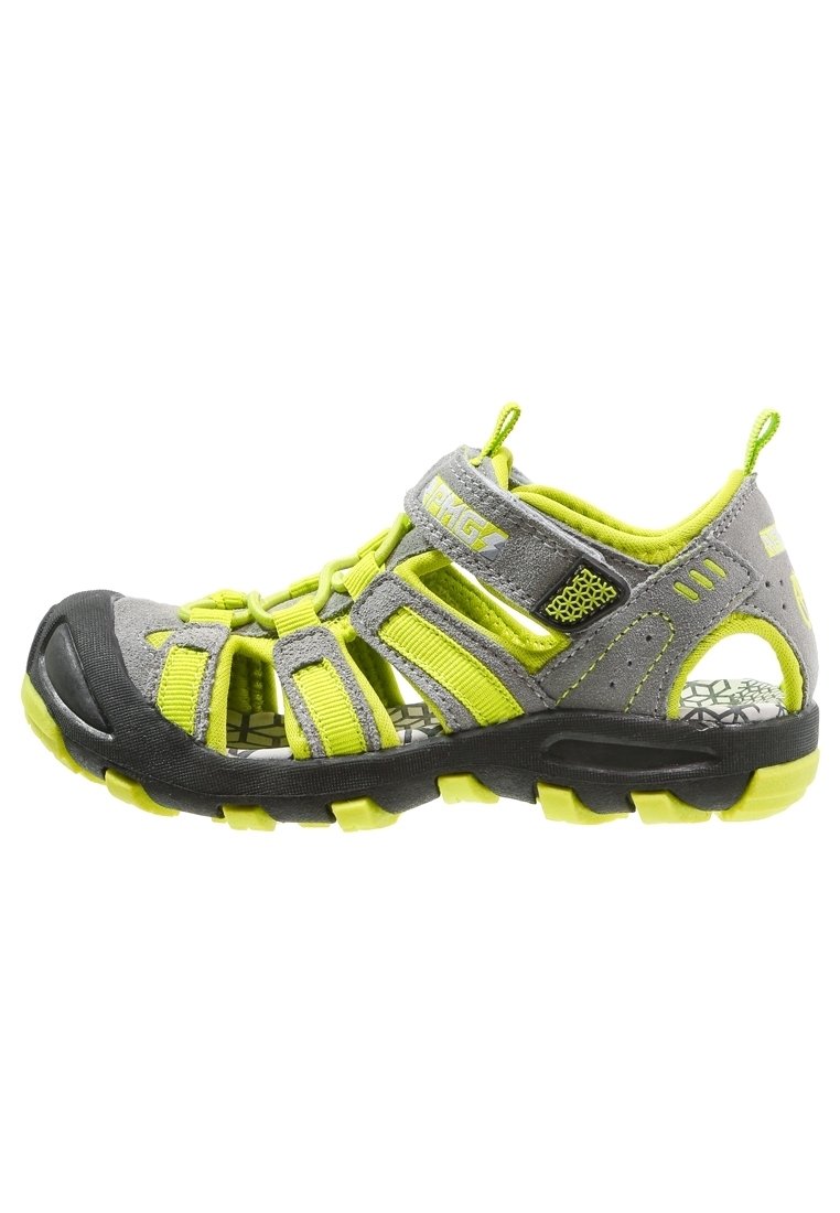 Gray and neon green sandals with a closed toe design, adjustable strap, and rubber sole. Open sides for ventilation and textured footbed.