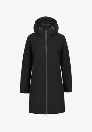 Zwarte lange jas met capuchon, voorzien van een volledige ritssluiting aan de voorkant, zijzakken en verstelbare manchetten, ontworpen voor bescherming tegen koude of regenachtige weersomstandigheden.