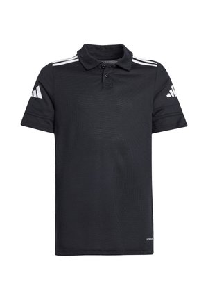Sort polo med korte ærmer med hvide Adidas-logoer på ærmerne og tre hvide striber på skuldrene, knaplukning foran.
