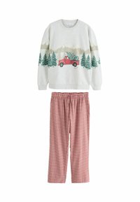 Sivá mikina s potlačou trucku a stromov, spojená s červenými a bielymi károvanými nohavicami. Mäkko látka, uvoľnený strih a elastický pás.