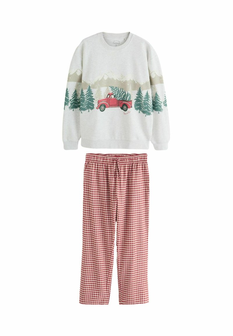 Sivá mikina s potlačou trucku a stromov, spojená s červenými a bielymi károvanými nohavicami. Mäkko látka, uvoľnený strih a elastický pás.