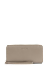 Portafoglio in pelle beige con chiusura a cerniera, tracolla e logo impresso "Lancaster Paris" sul fronte. Texture liscia, forma rettangolare.