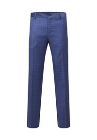 Blaue karierte Hosen aus einem Stoff mit strukturierter Oberfläche. Verfügt über einen Knopfverschluss, Gürtelschlaufen und ein gerades Bein-Design.