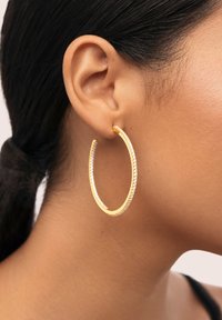 Pendientes de aro de oro con una superficie texturizada y acentos brillantes a lo largo del borde, exhibidos sobre un fondo neutro.