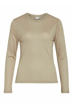 Beige long-sleeve t-shirt made of soft fabric with a round neckline and minimal design, featuring fine stitching along the edges.