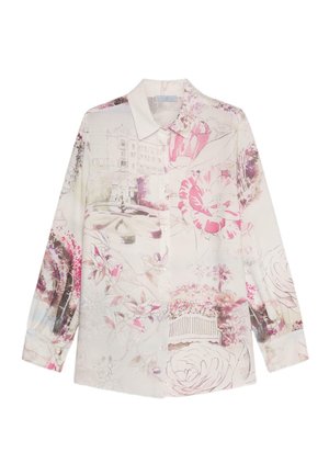 Long-sleeve button-up blouse with soft pink and purple floral and urban sketch print on a light beige background.