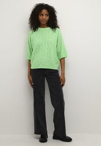 Lichtgroene sweater met korte mouwen en een gestructureerd bladerenpatroon, gecombineerd met zwarte wijde jeans en zwarte schoenen. Eenvoudige achtergrond.