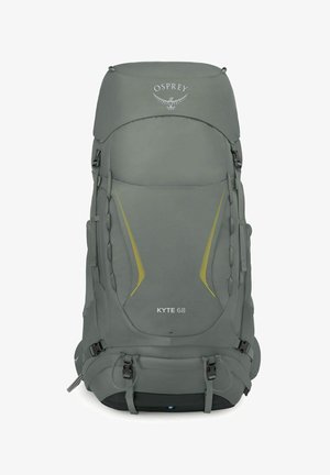 Zaino da trekking grigio Osprey Kyte 68 con più cinghie, tasche e linee di accento gialle sul pannello frontale.