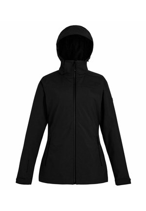 Giacca nera impermeabile con cappuccio, chiusura frontale con cerniera e tasche laterali con cerniera, progettata per la protezione negli ambienti esterni.