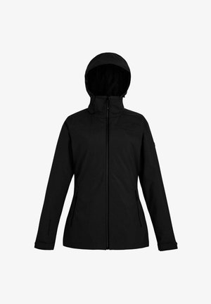 Giacca nera impermeabile con cappuccio, chiusura frontale con cerniera e tasche laterali con cerniera, progettata per la protezione negli ambienti esterni.