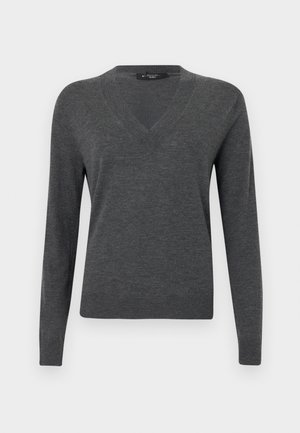 Pull à manches longues gris foncé avec col en V, poignets, ourlet et encolure côtelés, présenté sur un fond blanc uni.