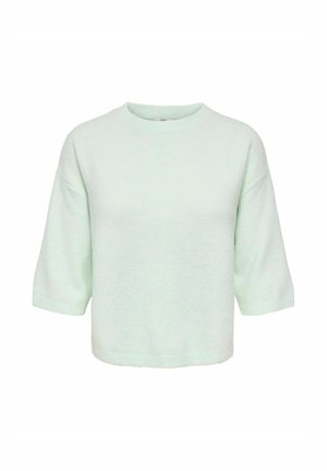 Jasno miętowy krótki sweter z dzianiny z okrągłym dekoltem i prążkowanymi mankietami oraz dołem, prezentowany na jednolitym białym tle.