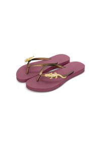 Paarse flip-flops met gestructureerde zolen, voorzien van metallic bronzen banden en gouden hagedis-vormige accenten versierd met strasssteentjes.