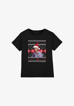 Black t-shirt with a festive Elvis Presley design wearing a Santa hat, surrounded by holiday patterns with snowflakes and musical notes.