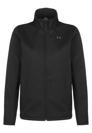 Veste softshell noire avec fermeture éclair intégrale à l'avant, col montant, manches longues et petit logo Under Armour sur la poitrine.