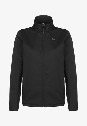 Chaqueta softshell negra con cremallera completa frontal, cuello alto, mangas largas y pequeño logo de Under Armour en el pecho.