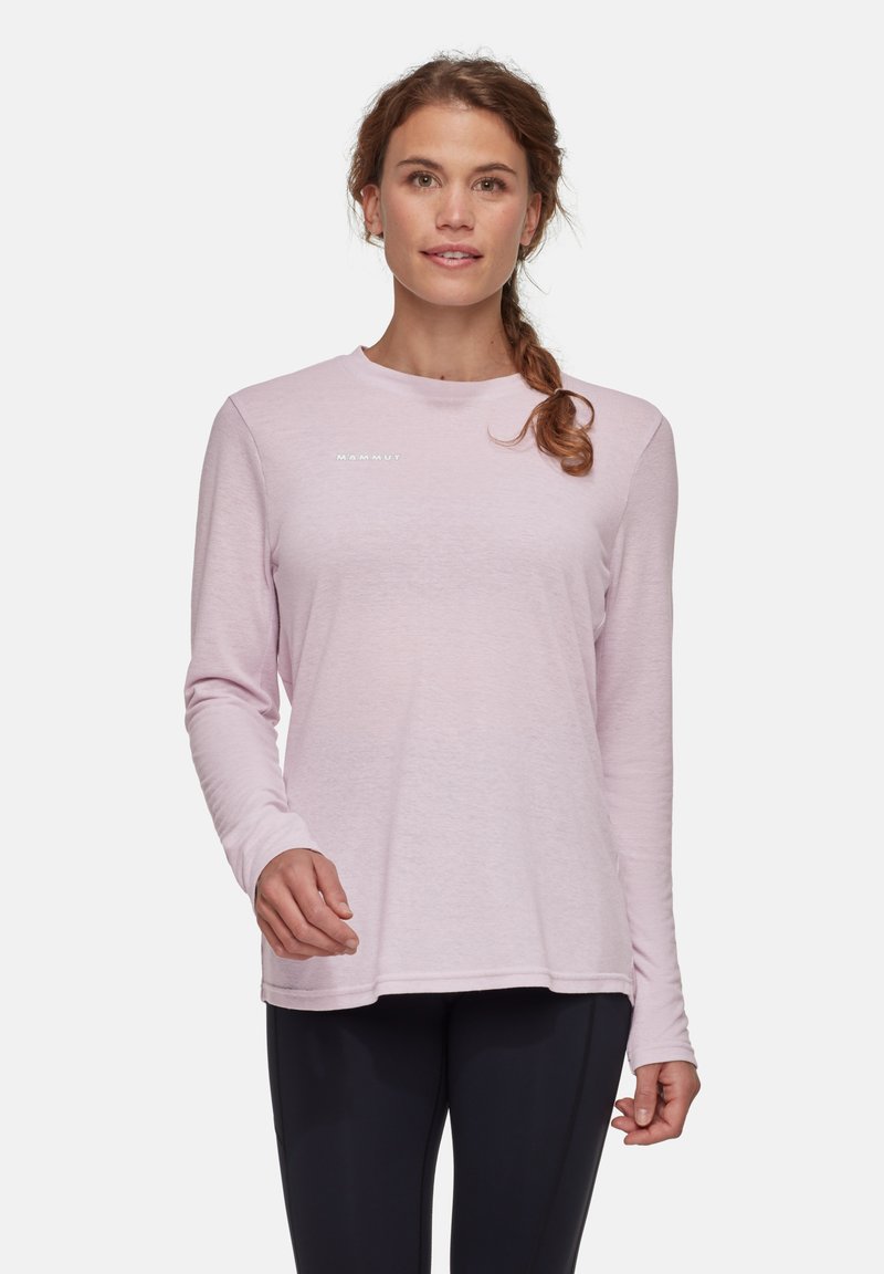 Roze lange mouw sportshirt gemaakt van zachte stof, met een ronde hals en een logo in het wit op de borst. Casual pasvorm met een gladde textuur.
