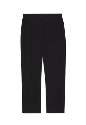 Pantalon noir droit avec fermeture par bouton et zip, devant plat, et poches latérales sur fond blanc.
