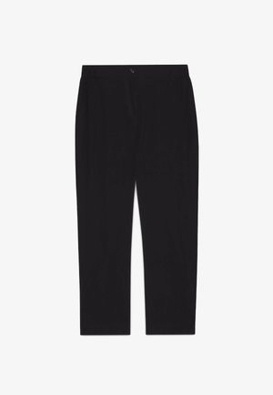 Pantalon noir droit avec fermeture par bouton et zip, devant plat, et poches latérales sur fond blanc.