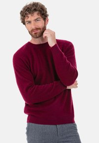 Pull en laine bordeaux avec un col rond et des manches longues, présentant une texture douce. Le modèle a les bras croisés et touche légèrement son menton.