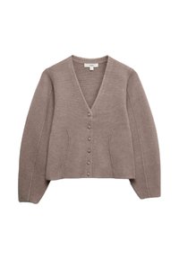 Beige V-Ausschnitt-Cardigan aus strukturiertem Strickstoff mit langen Ärmeln, ausgestattet mit fünf passenden Knöpfen vorne und seitlichen Nahtdetails.