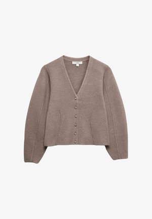 Cardigan beige a scollo a v realizzato in tessuto a maglia testurizzato con maniche lunghe, dotato di cinque bottoni abbinati sulla parte frontale e dettagli nelle cuciture laterali.