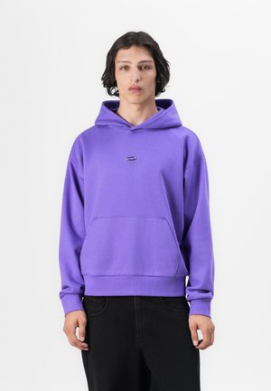 Purple hoodie with a front pocket, relaxed fit, drawstring hood, and small logo at the chest. Made of soft, smooth fabric.