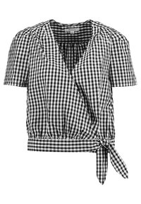 Top corto de cuadros en blanco y negro con mangas cortas, lazo en la cintura y escote fruncido. Material de algodón ligero con un acabado texturizado.