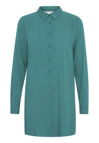 Teal button-up shirt with long sleeves, a collar, and front placket. Made from smooth fabric with a straight cut and no patterns.